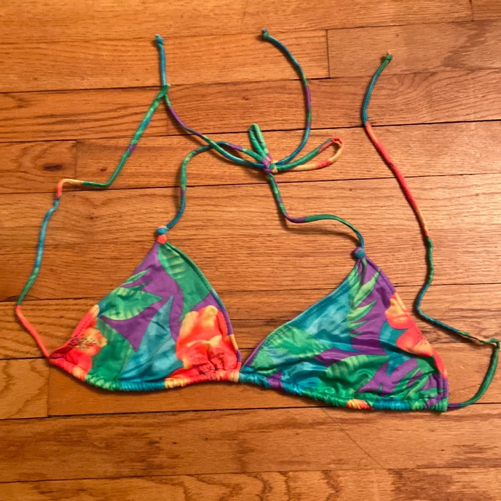 String Bikini top in Tropical Print - Green, Purple, Orange, Yellow + Turquoise